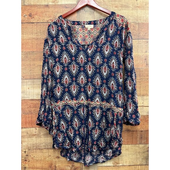 En Elly Womens Boho Tunic Dress M Blue Red Paisley Long Sleeve V-Neck - Picture 2 of 7